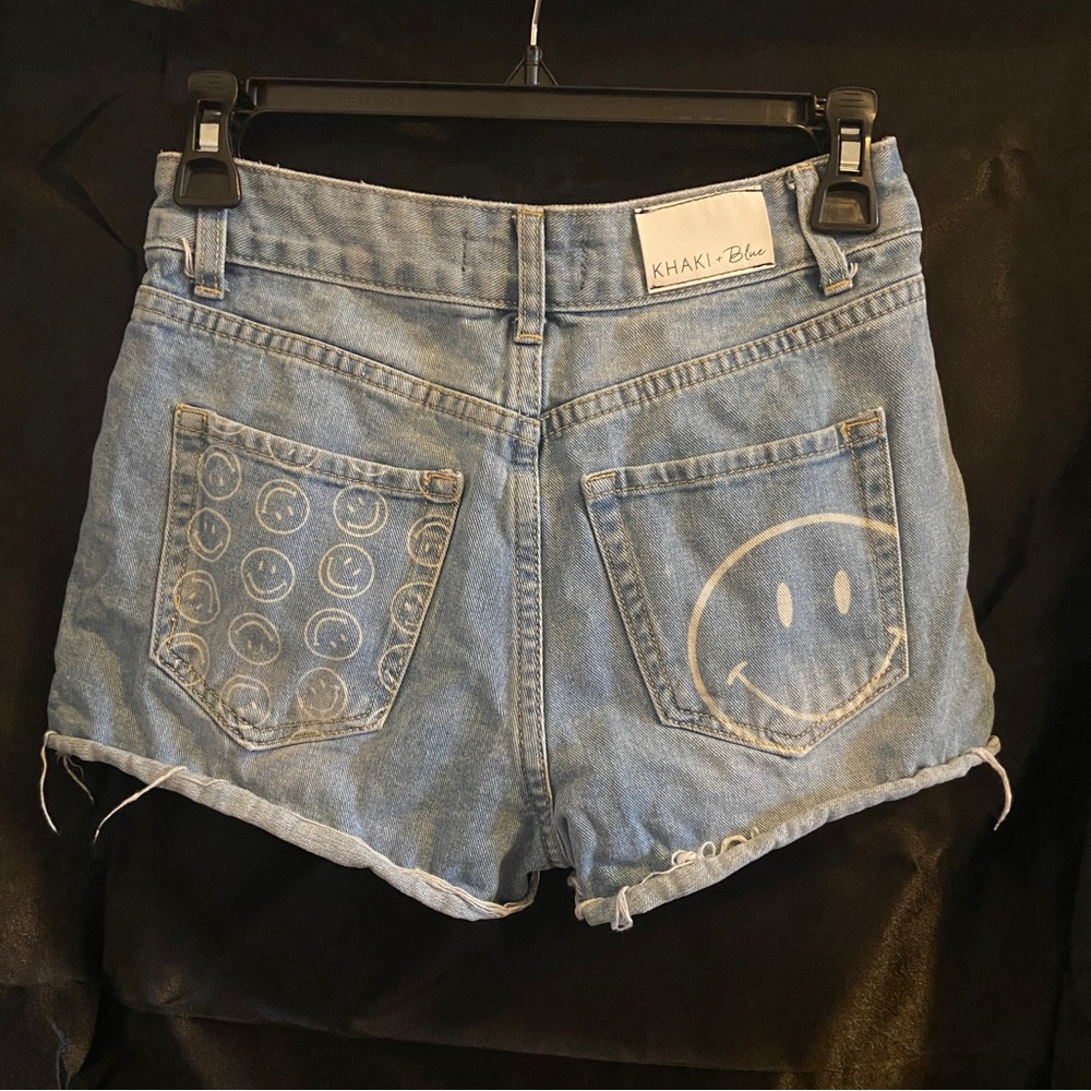 KHAKI + Blue Smiley Face Printed High Waist Jean Shorts.